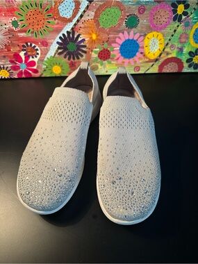 Slip-On Knit Sneakers with Crystal Accents - Cream